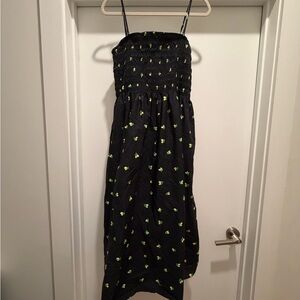 Black Smocked Maxi Dress with Neon Lemon Details